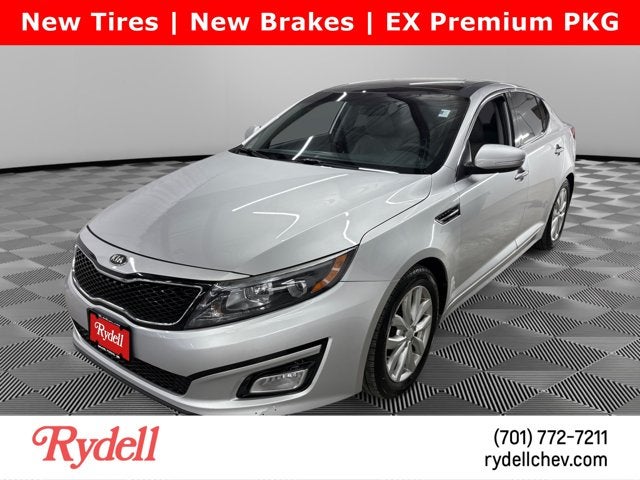 2015 Kia Optima EX in Bright Silver — front three-quarter view